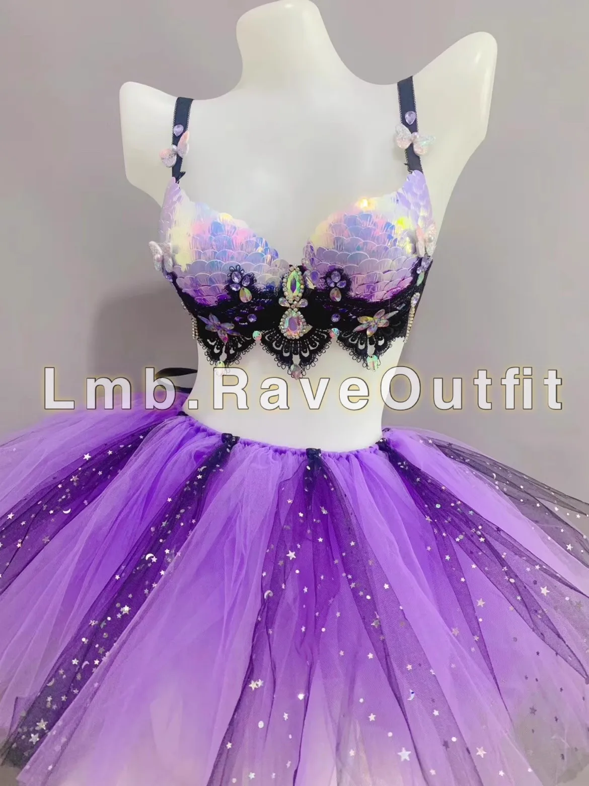 

Glitter Purple Shell Scale Sexy Bikini Puff Skirt Set Jazz Dance Shiny Stage Wear Bar Nightclub DJ Dancer Singer Party Show Wear