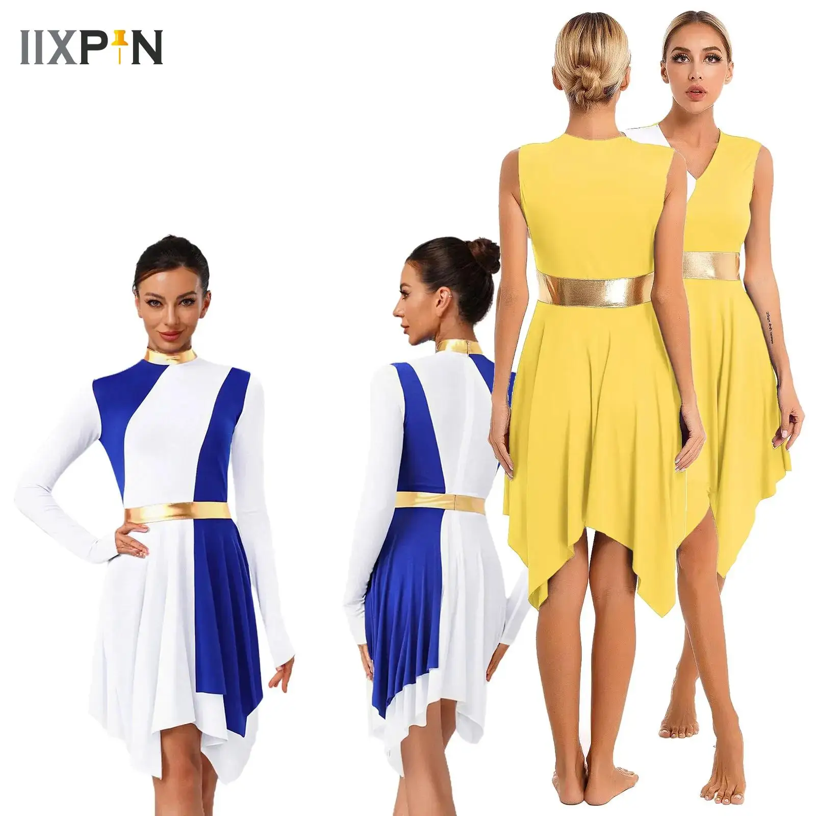

Women Metallic Fit Full Length Liturgical Worship Costume Long Sleeve Praise Dance Dress Dancewear Lyrical Performance Clothes