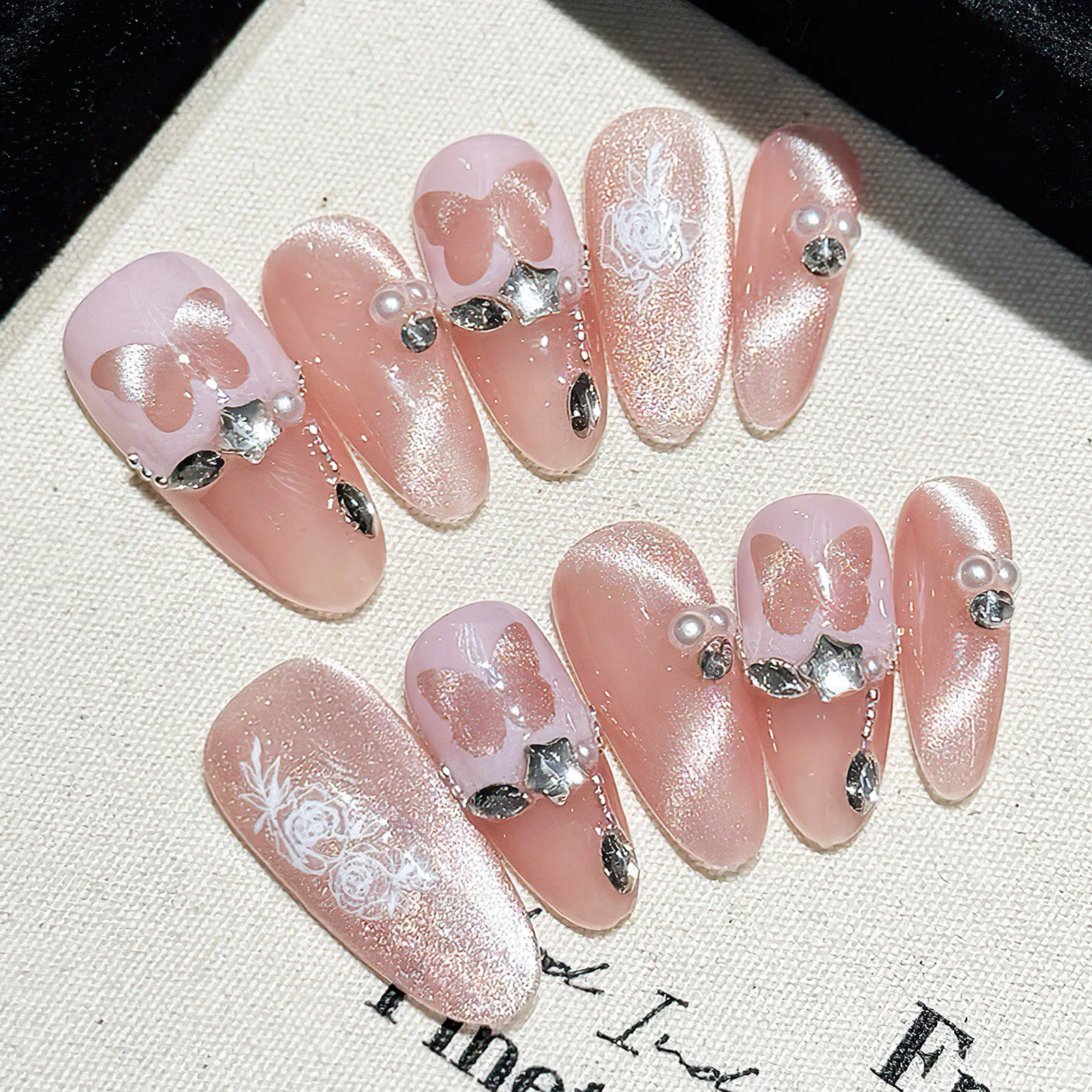 

10pcs Aurora Pink False Nail Tips Handmade Glossy Almond Press On Nails With Diamond Butterfly Pearl Decor Ballerina Fake Nails