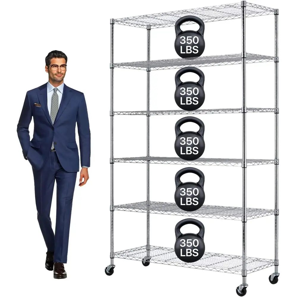 Heavy-Duty 6-Tier Adjustable Wire Shelving with Wheels, 6000lb Capacity, Chrome Finish (82x45x18)