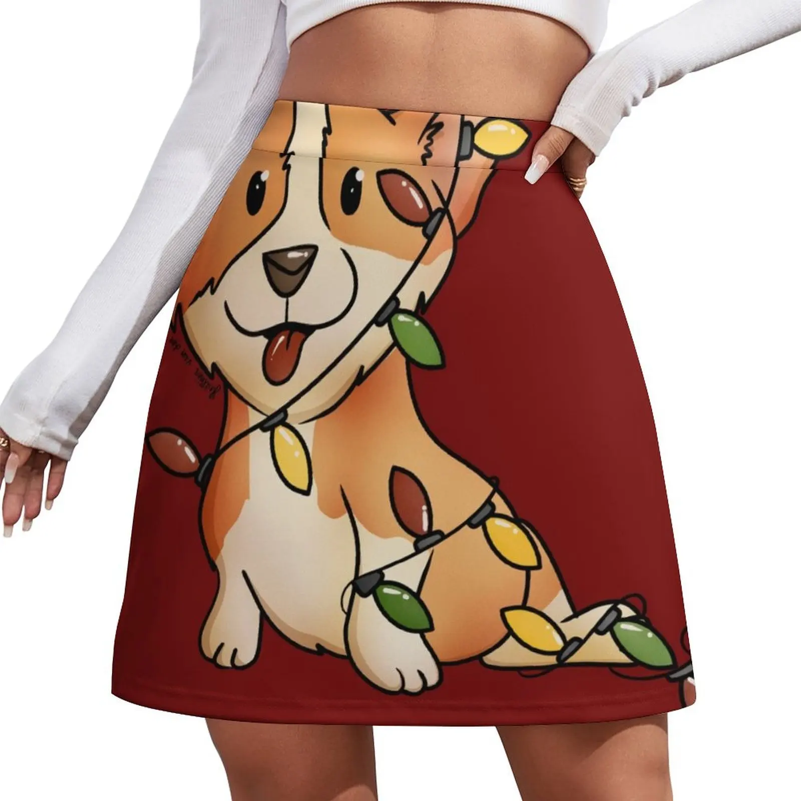 

Our Little Cute Corgi Tangled in Christmas Lights On a Cheery Red Mini Skirt skirts for womens Women's dress kpop Mini Skirt