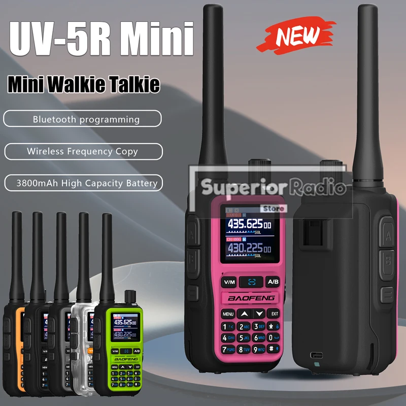 3800mAh Baofeng UV-5R Mini Walkie Talkie Upgraded Thickened Battery Type-C Charging Dual PTT AM FM Black Grey Pink Transparent