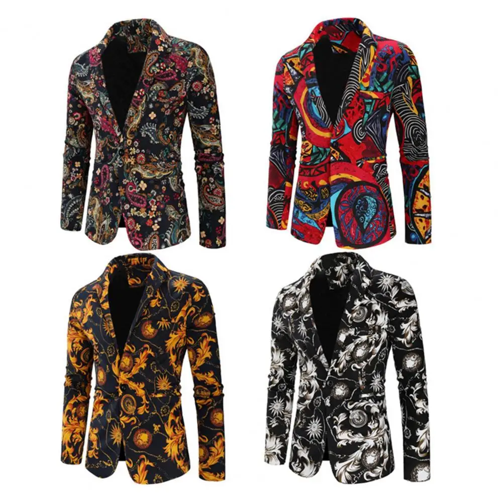

2026 Fashion Print Men Blazer Autumn Men Blazer Fashion Print Turndown Collar Long Sleeve One Button Loose Suit JacketStreetwear