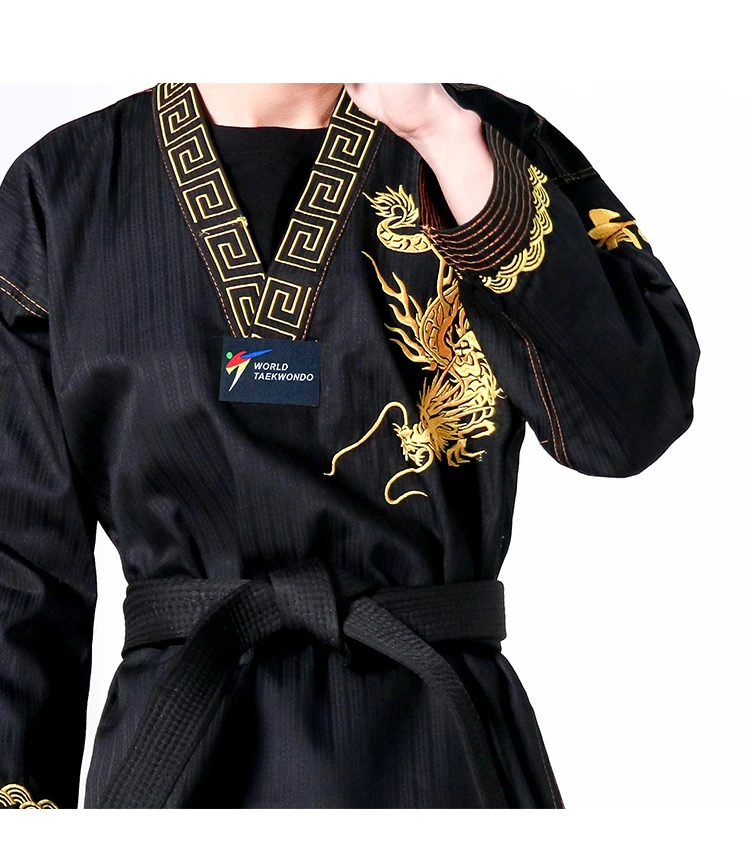 High Quality Taekwondo Uniform Black WT Dobok Tae Kwon Do MMA Martial Arts Karate Suits Embroidered Dragon Pattern