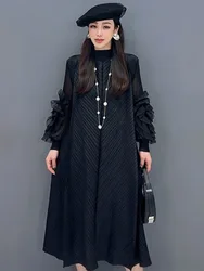 Vefadisa 2024 Summer New Black Pleated Dress Long Sleeved Round Neck Patchwork Sleeved Mid Length Women Dress HLX113