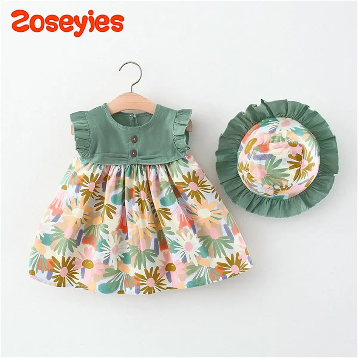 2Pcs Summer Girls' Baby Sleeveless Dress With Flower Print Splice Infant Dress Pastoral Style Girl Children'S Clothing+Gift Hat