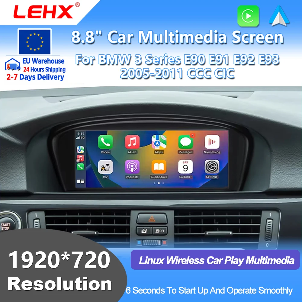 LEHX, autoradio multimediale con CarPlay e Android Auto wireless, schermo da 8,8 pollici, per BMW Serie 3, 5, E90, E91, E92, E93, E60, E61, sistema CCC CIC, autoradio con sistema Linux, GPS, schermo