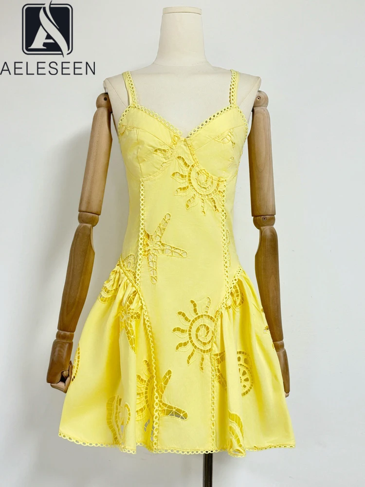 

AELESEEN 2025 Spring Summer Vintage Embroidered Mini Dress New Casual V-Neck Spaghetti Strap Water-Soluble Hollow Out Occasions
