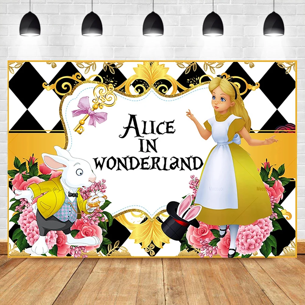 Alice in Wonderland Birthday Party Backdrop Decor White Rabbit Photo Customized for Kids Girls Boys Party Photo Props Supplies