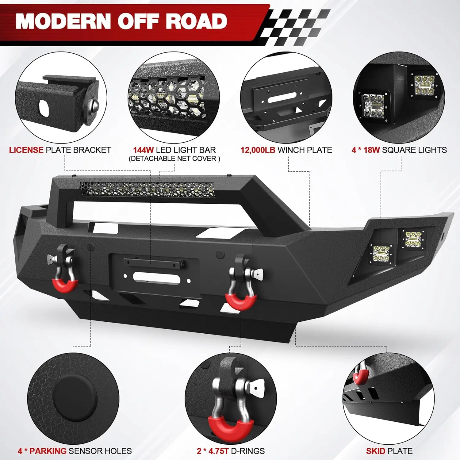 Front Bumper for 2010-2018 Dodge Ram 2500/3500, Full Width Bumper w/Winch Plate, LED Lights, D-rings & License Plate Bracket