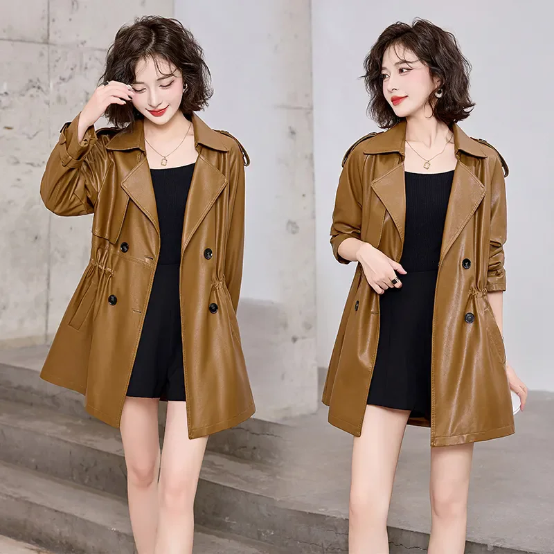 

2024 New Women Leather Trench Coat Spring Autumn Fashion Design Double Breasted Solid Slim Coats PU Leather Blazer Tops