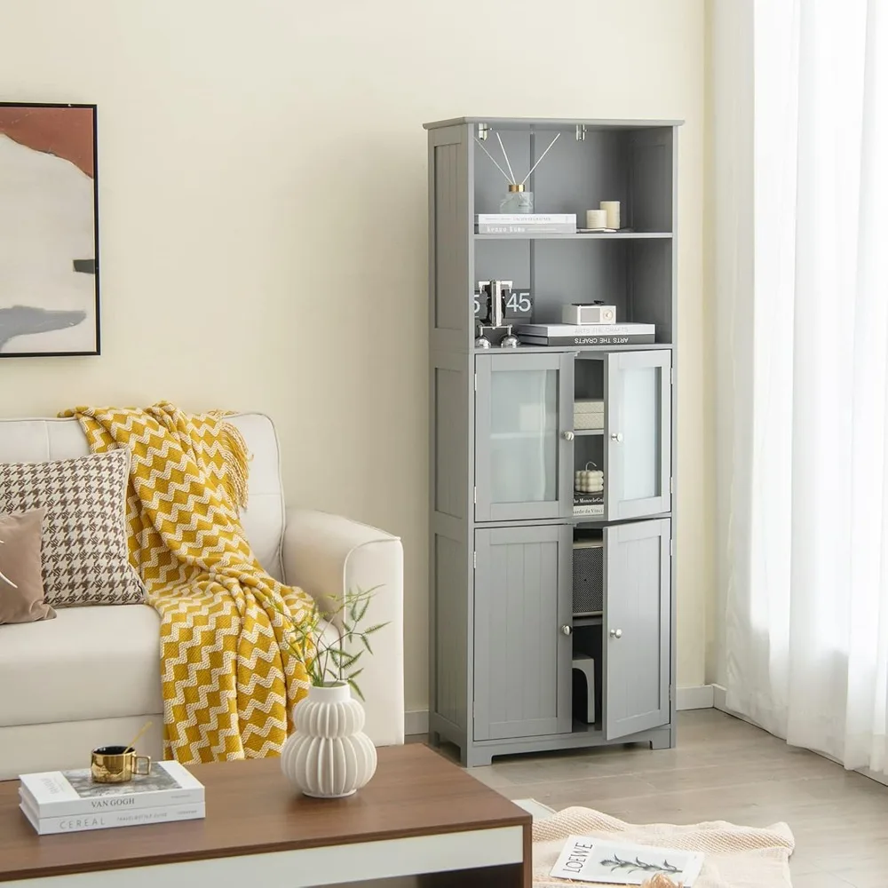 Tall Bathroom Storage Cabinet, Freestanding Floor Cabinet w/2 Glass Doors & 2 Open Shelves, 3-Position Adjustable Shelv