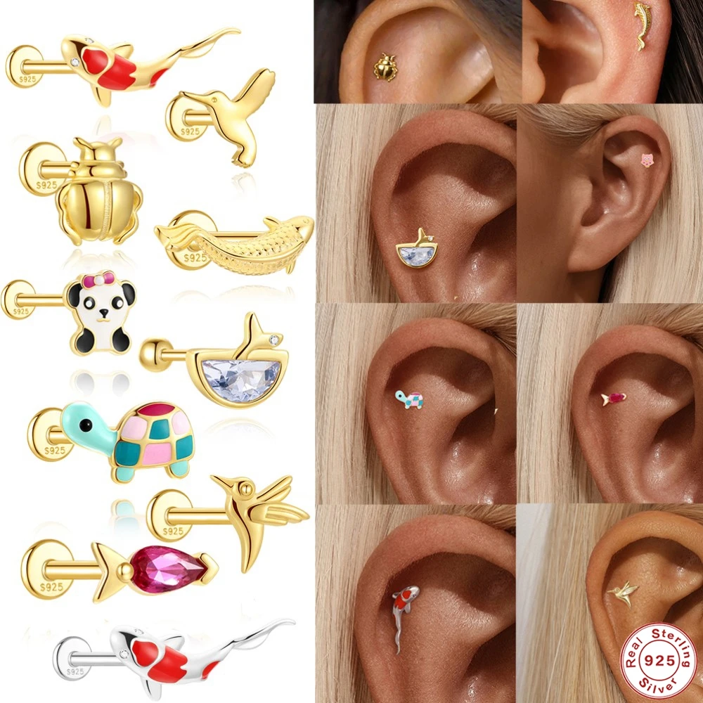 

AIDE Plata Real 925 Sterling Silver Animal Piercing Earring For Women Zircon Ear Bone Earrings Lucky Enamel Koi Fish Ear Studs