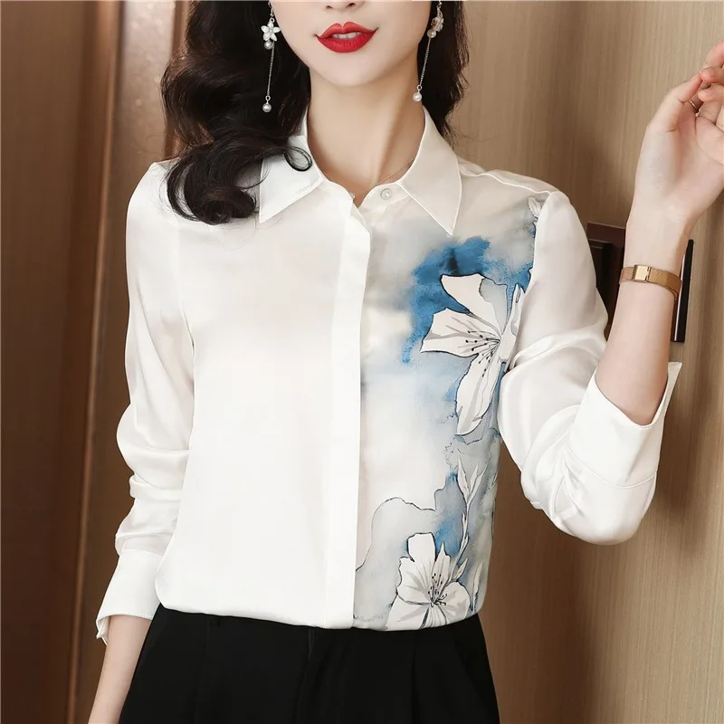 Chemisiers Vintage pour femmes, chemises coréennes décontractées, mode ample, vêtements imprimés, manches longues, hauts en Satin pour femmes, printemps/été