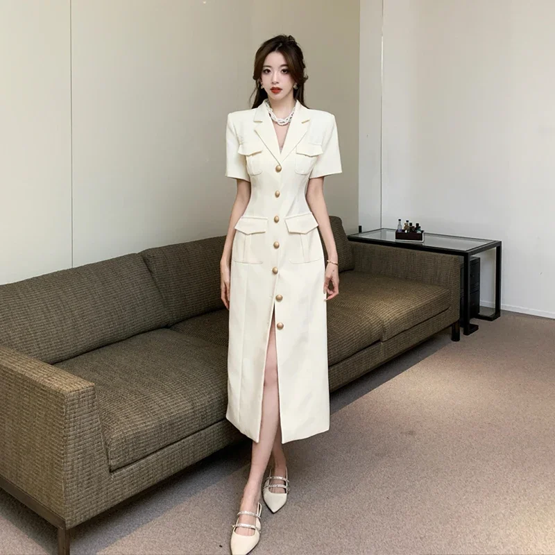 

French Elegant Suit Collar Midi Dresses for Women 2024 Summer New Vintage Fashion High Waist Short Sleeves Black Female Clothing