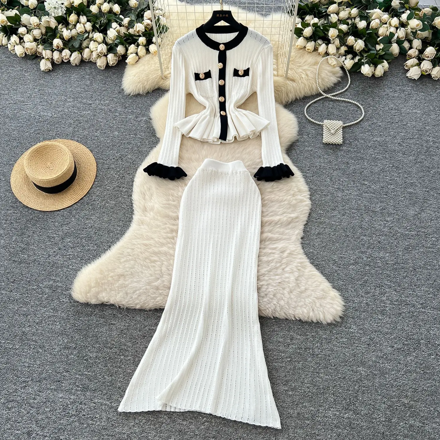 

Women Two Piece Sets Skirt Set Round Neck Full Sleeve Tops Long Skirts Knit Ruffles High Waist Y2k Streetwear Elegant Autumn