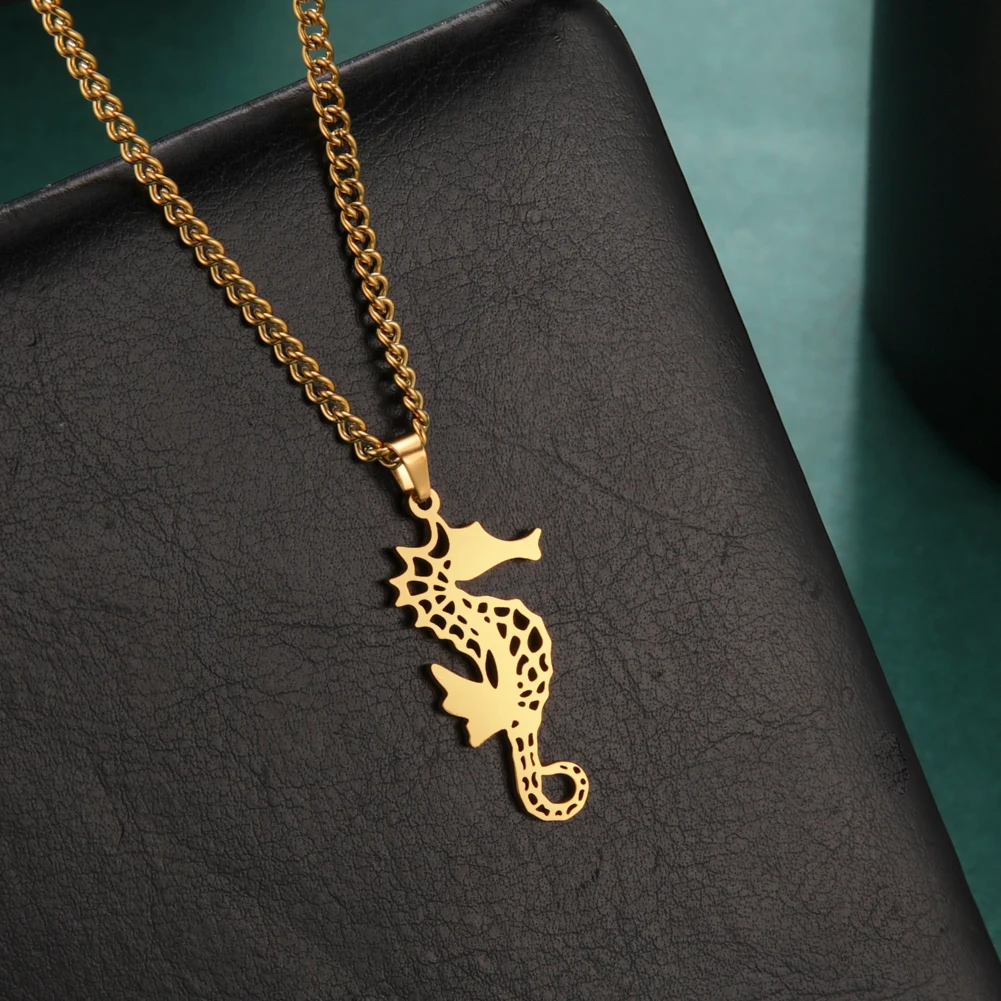 Skyrim Seahorse Pendant Necklace Stainless Steel Hippocampus Sea Animal Chain Necklaces Fashion Jewelry For Men Women Wholesale