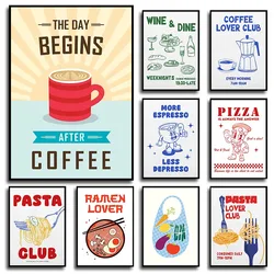 Retro Pizza Coffee Pasta Wine Vegetables Fruit Posters and Prints Canvas Printing Wall Art Picture for Kitchen Dining Room Decor