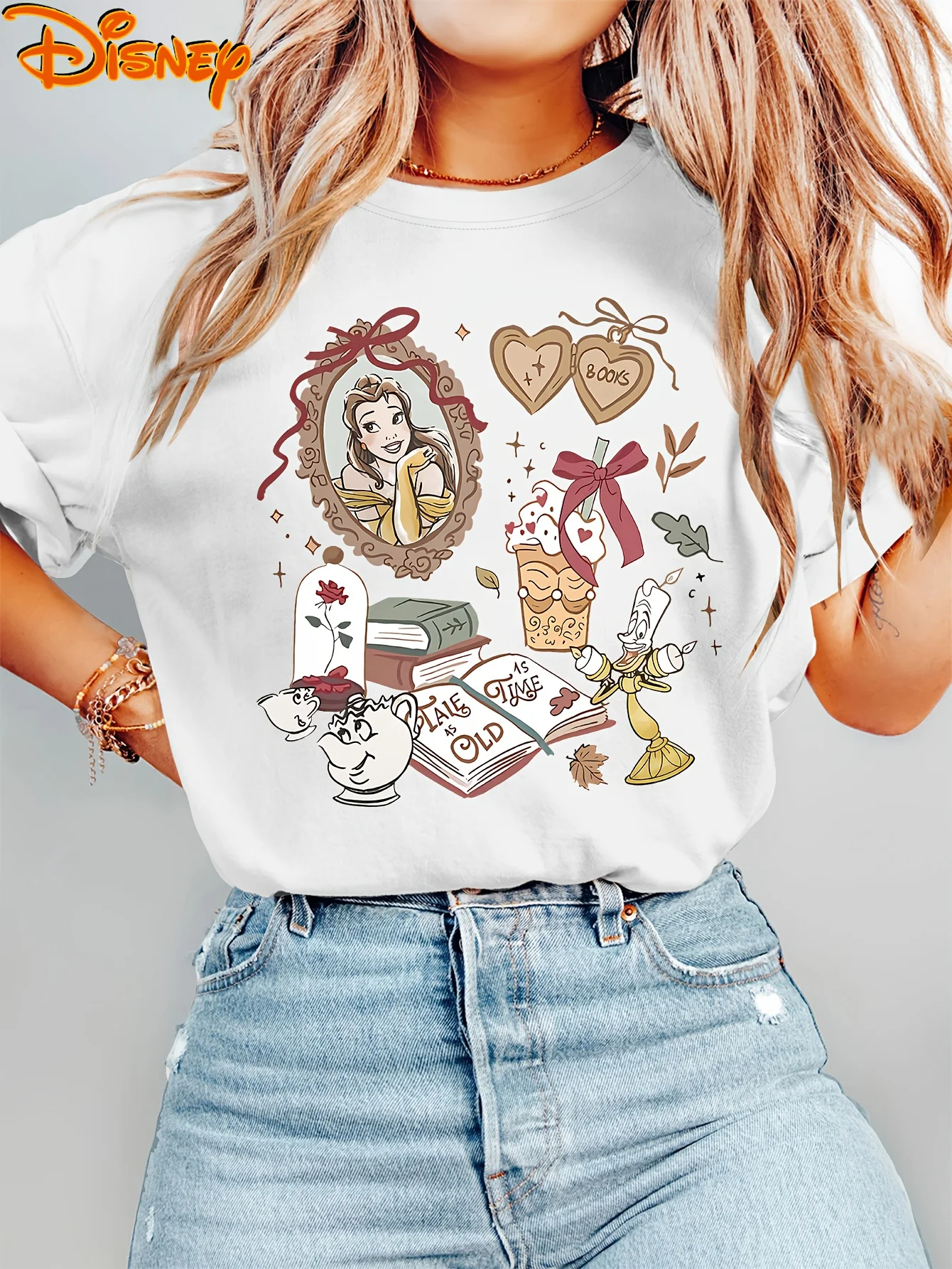 Disney La Belle et la Bête Belle T-Shirt imprimé femmes nouveau à la mode décontracté coton à manches courtes Touring Resort haut