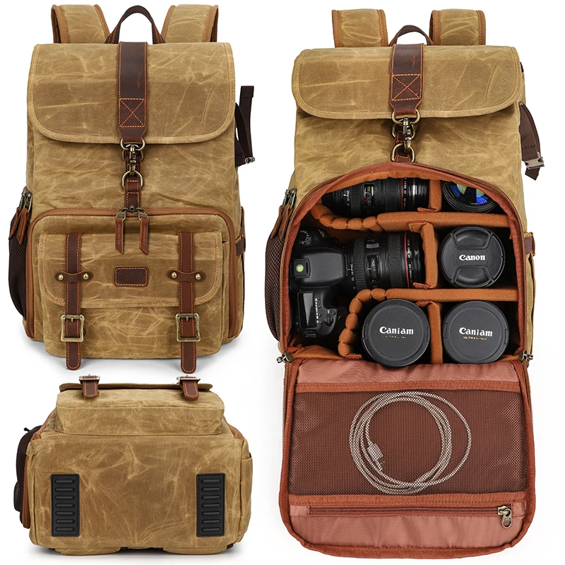 Large Capacity Vintage Camera Backpack Waxed Canvas Waterproof Photography Camera Bag with 15.6 Laptop Compartment Tripod Holder