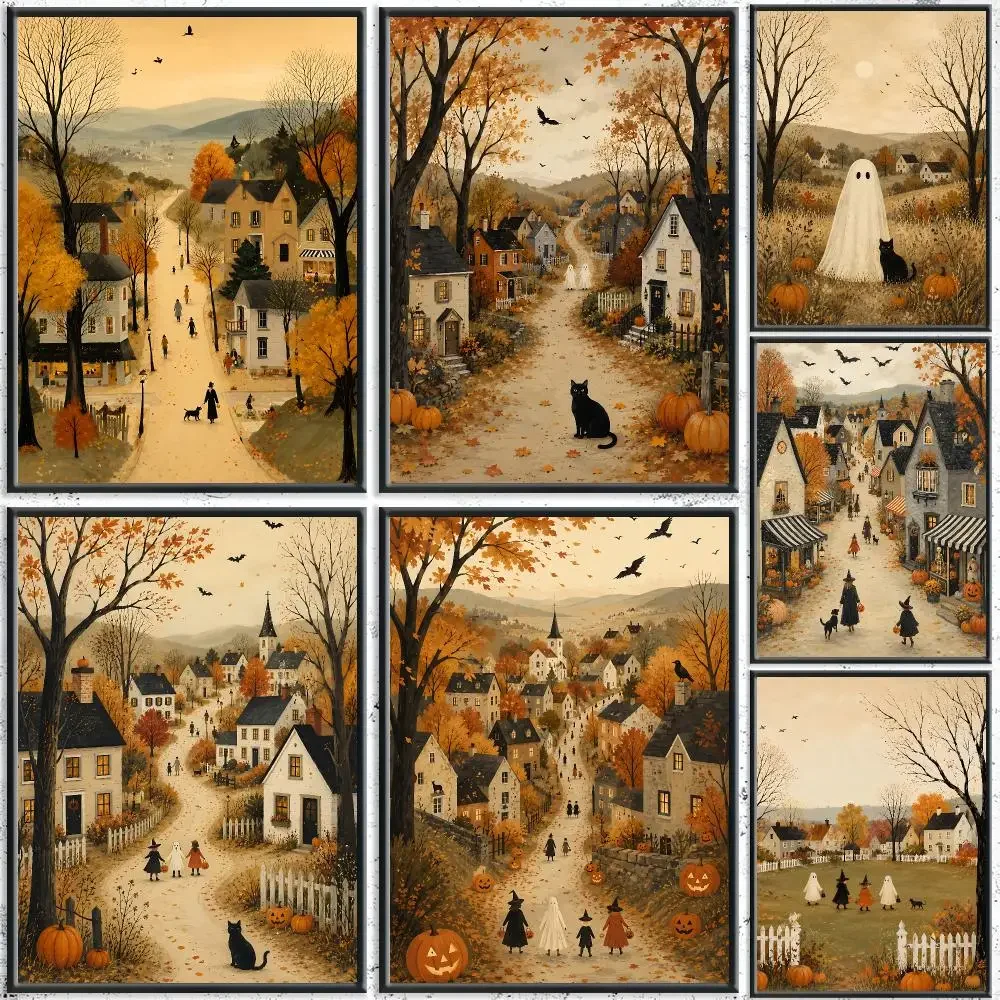 Autumn Country Halloween Town Painting Calligraphy HD Canvas Poster Crease Free Waterproof All Space Wall Decor