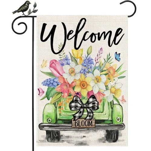 Butterfly & Daffodil Hyacinths Floral Truck Welcome Garden Flag 12x18 Inch, Doub YYZ