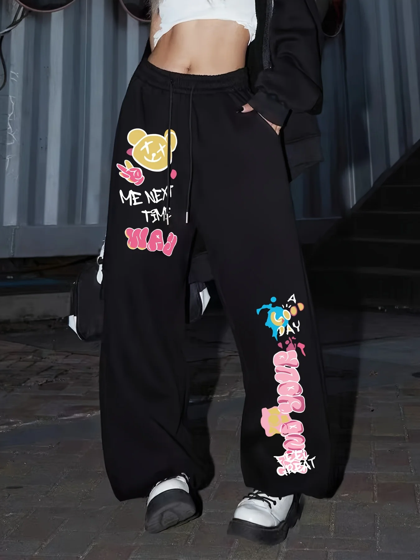 Повседневные женские прямые брюки с рисунком плюшевого мишки в стиле граффити, эластичным поясом и шнурком, идеальные брюки для бега