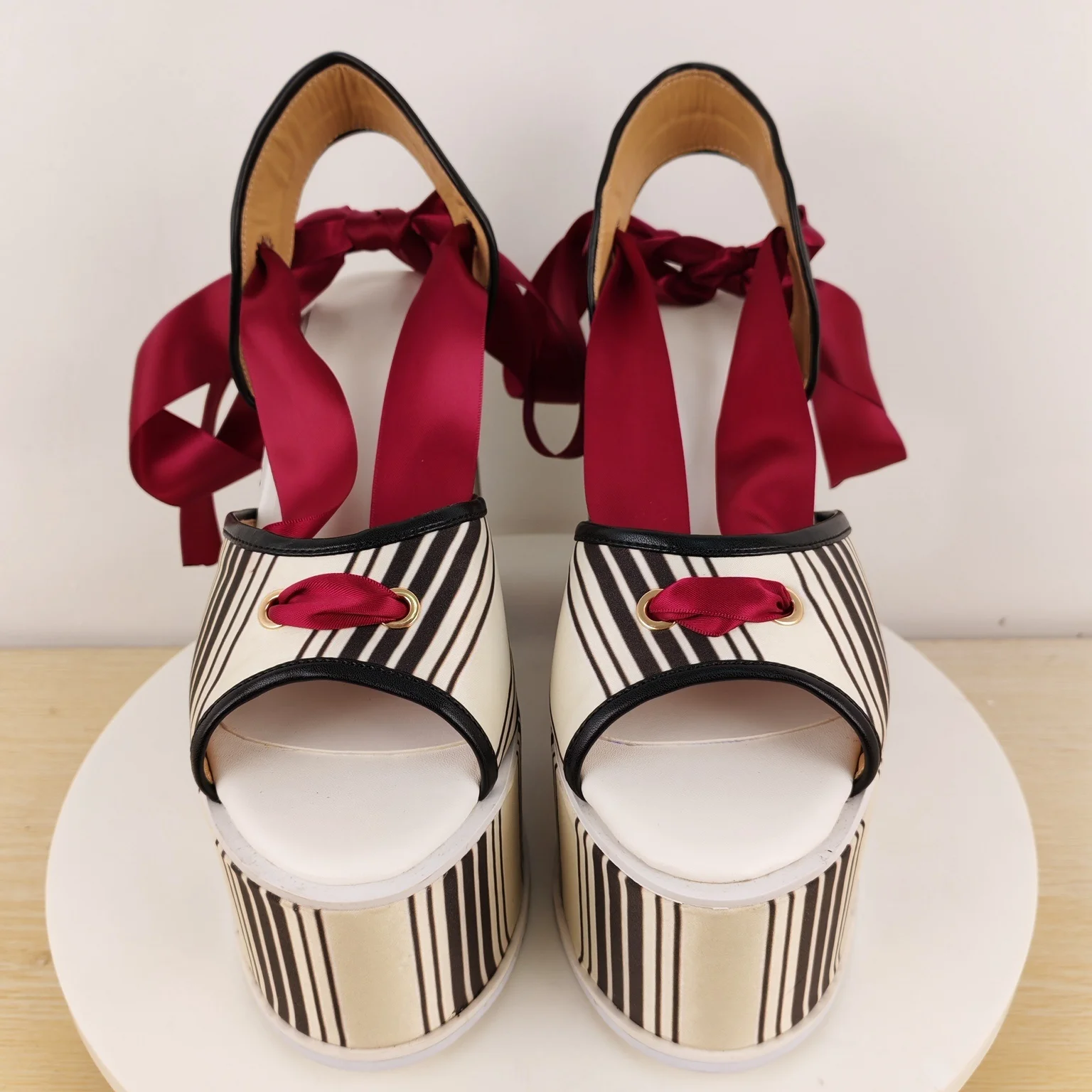 Women's Striped Canvas Chunky Heel Platform Sandals Red Satin Bow & Ankle Tie for Retro Lolita & Unique Fashion Statements view 2