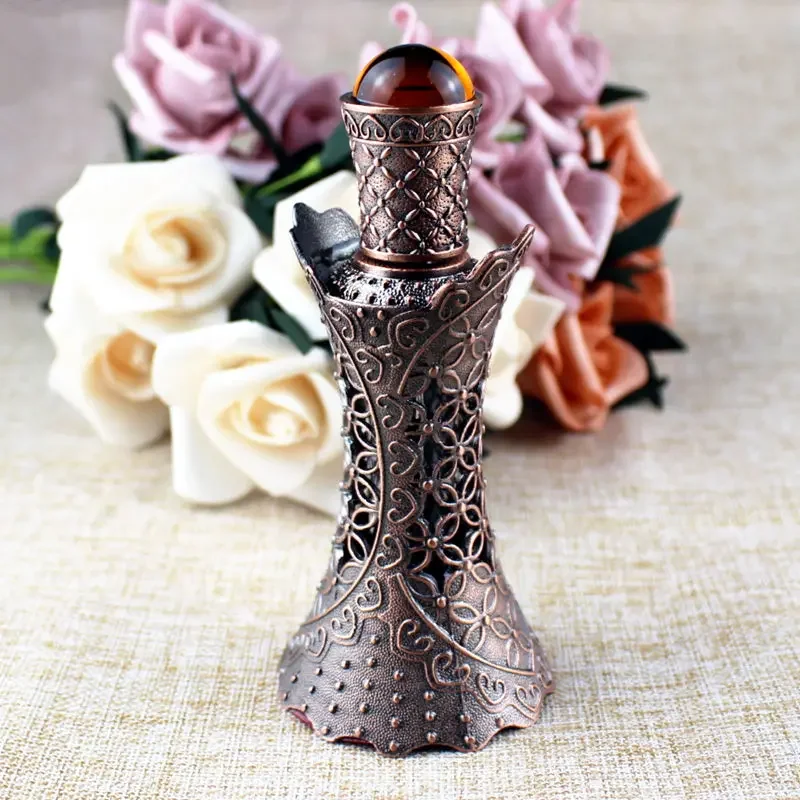 1PC 12ml Antiqued Metal Glass Bottle Arab Style Essential Oils Bottles with Dropper Middle East Perfume Oil Vials
