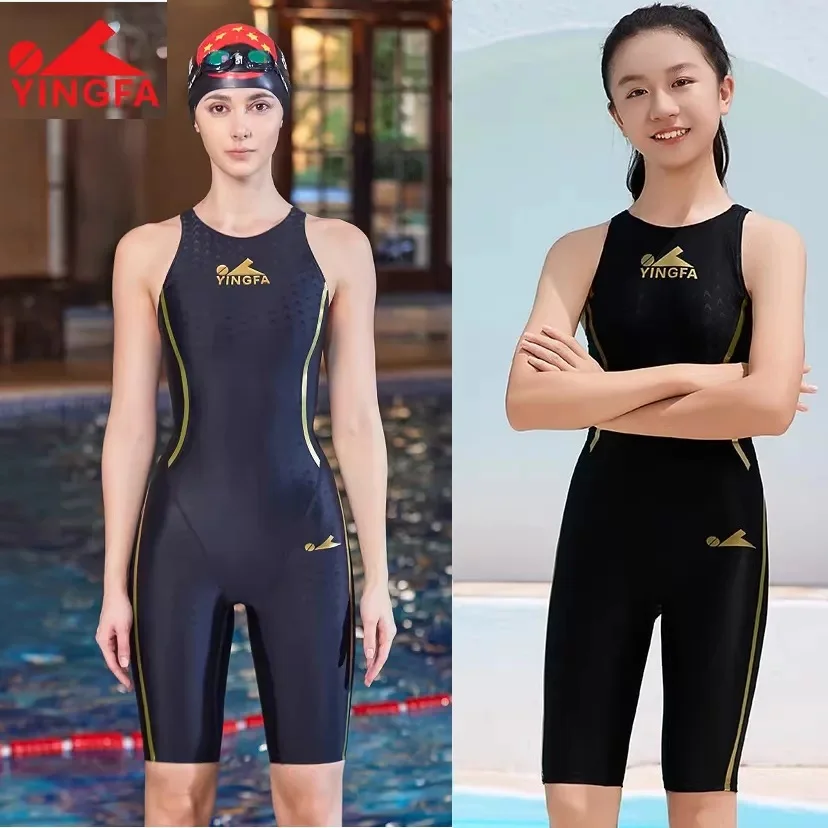 Yingfa Black Sharkskin One Piece Swimsuit Knee Length Racing Swimsuit Female Swimming Outfit Women Professional Sporty Swimwear