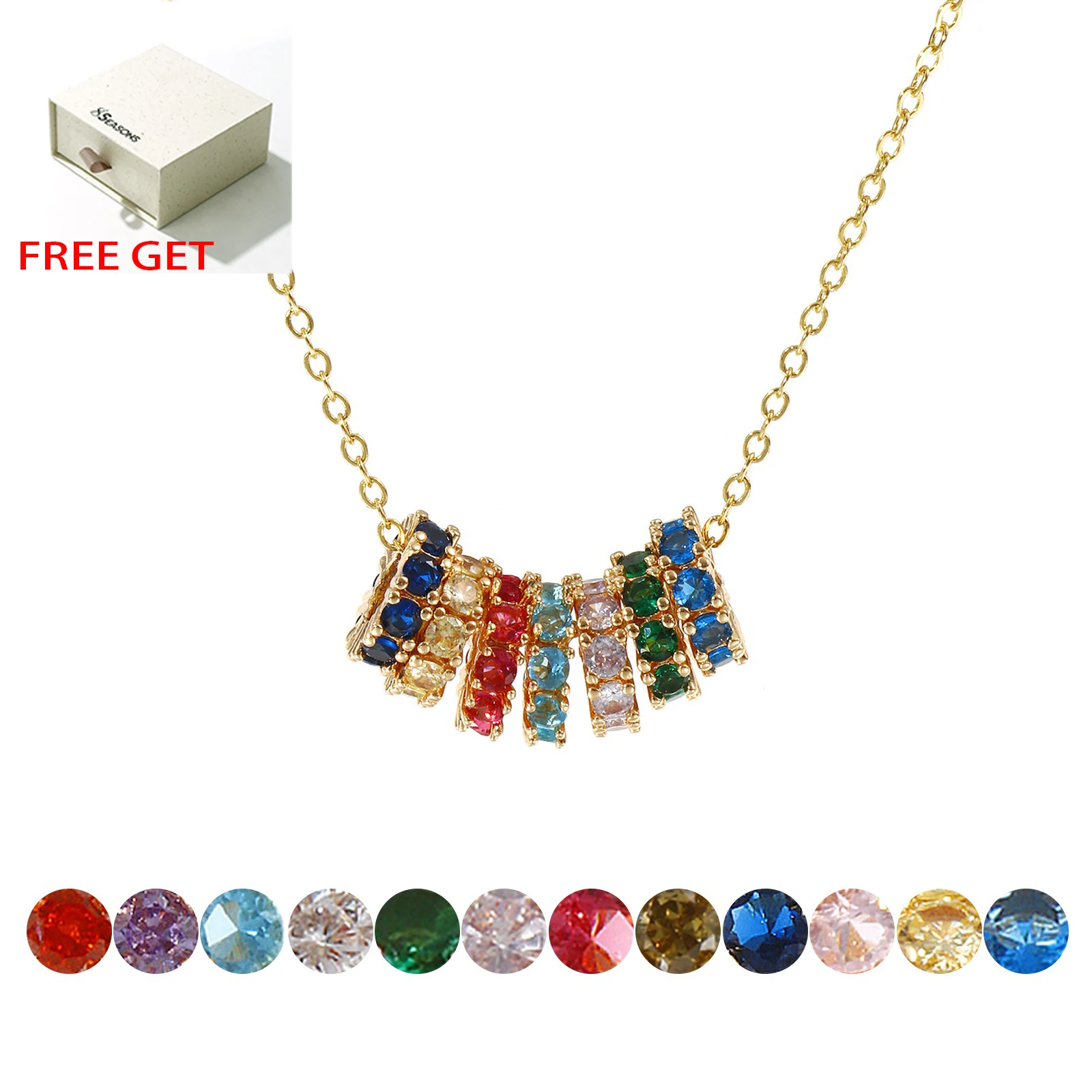 1pc Brass Necklace Gold Color Link Chains Multicolor Birthstone Cubic Zirconia Round Ring Pendant Necklace For Women Jewelry
