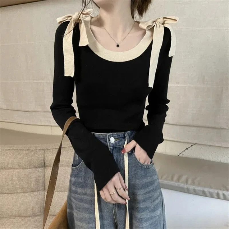 

Bow Lacing Long Sleeve T Shirts Women Clothing Spring Autumn New Long Sleeve Slim Contrast All-match Korean Tops Fashion Sweet