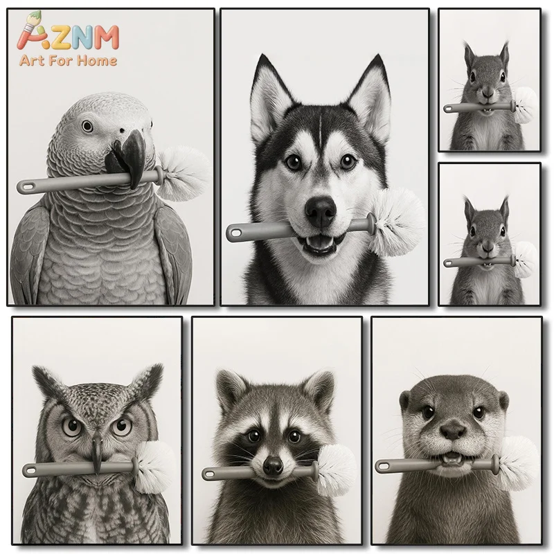 AZNM Black White Funny Animal Canvas Wall Art Husky Parrot Owl Raccoon Otter Squirrel Toilet Brush Bathroom Decor Unframed Canva