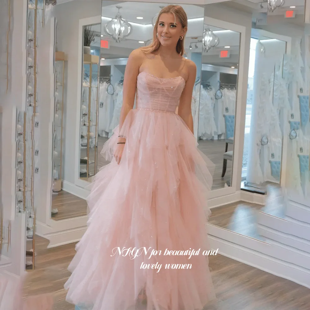 NFYN Pink Prom Dresses Sequined Evening Dress Fluffy Multilayers Princess Party Dress for Women Customized