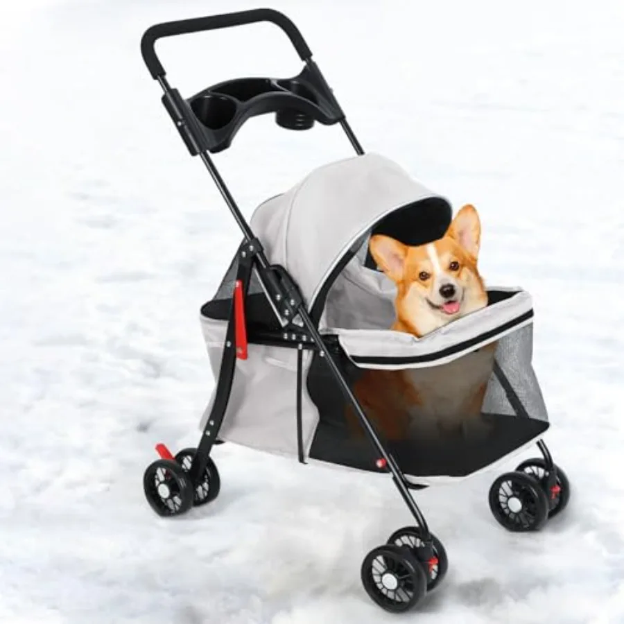 

4 Wheels Pet Stroller for Small/Medium Pets, Polyester Grey B, Breathable Visible Mesh, 3-in-1 Foldable with Detachable Carrier