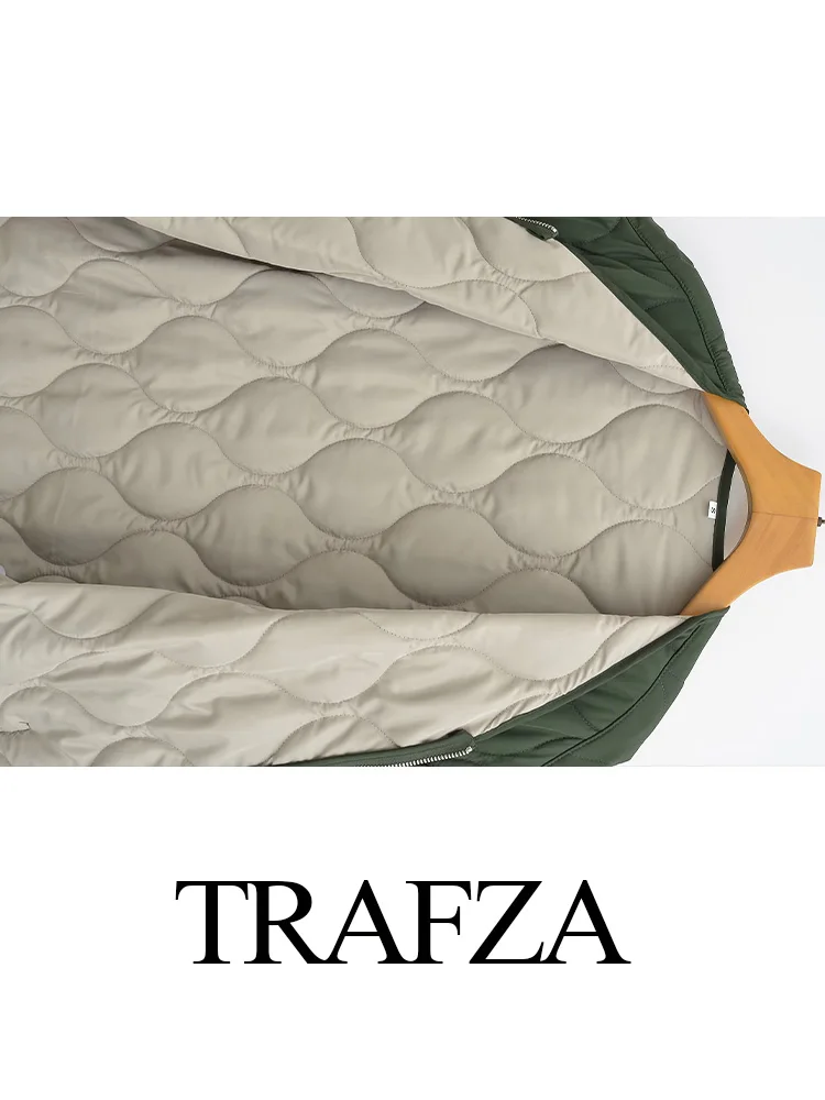 TRAFZA 2024 Casual Women Quilted Loose Cotton Coat Female Long Sleeve V-Neck Pocket Zipper Design Casual Slim Outerwear Jacket