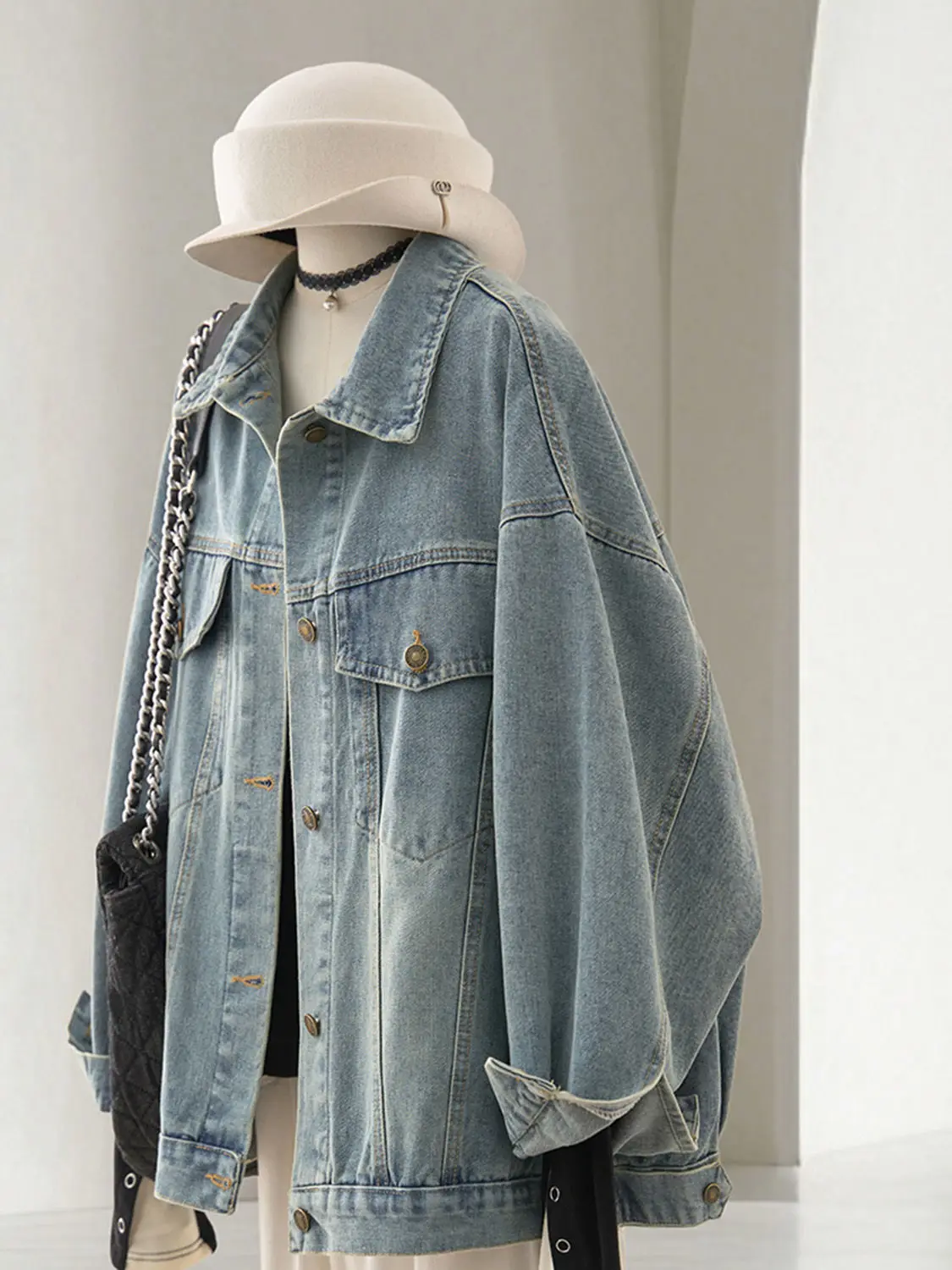 

Denim Coat Girls Womens Autumn Epaulettes Fleece Bomber Blended Ruffled Collared Grunge Camping Baggy Mid-Length Retro Relaxed