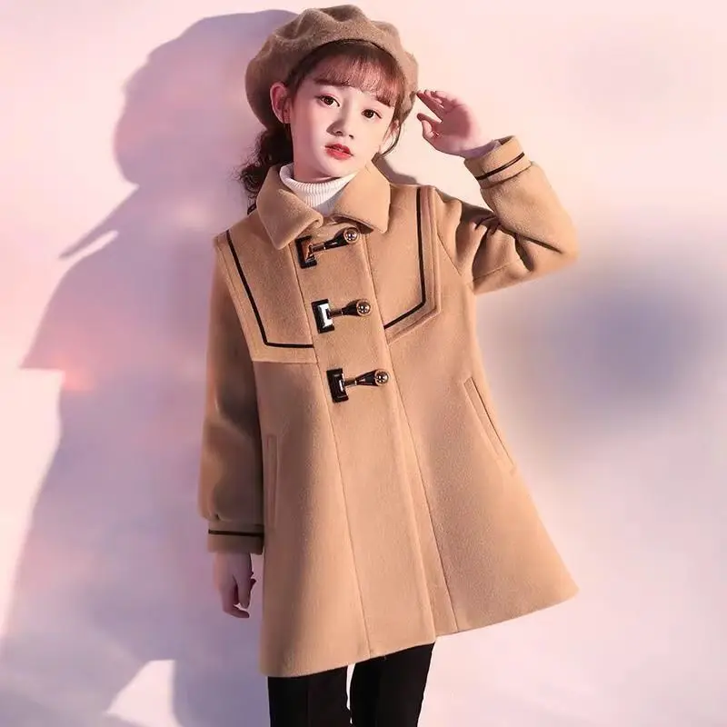 England Style Fashion Red Girls Coats Woolen Jacket Long Coats Thick Wool Coat Girl Winter Clothes for Girls New Year Clothes