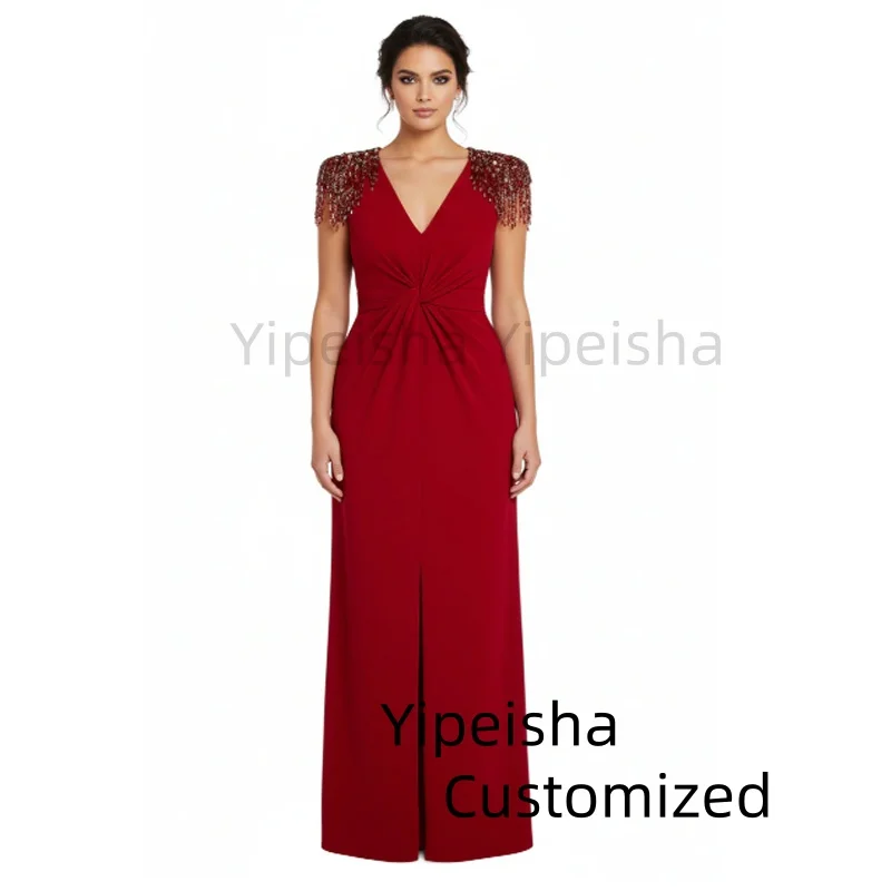 

Customized Beads Deep V-Neck A-line Prom Dress Short Sleeve Formal Dresses Front Side Slit Evening Party Dresses Vestido De Noch