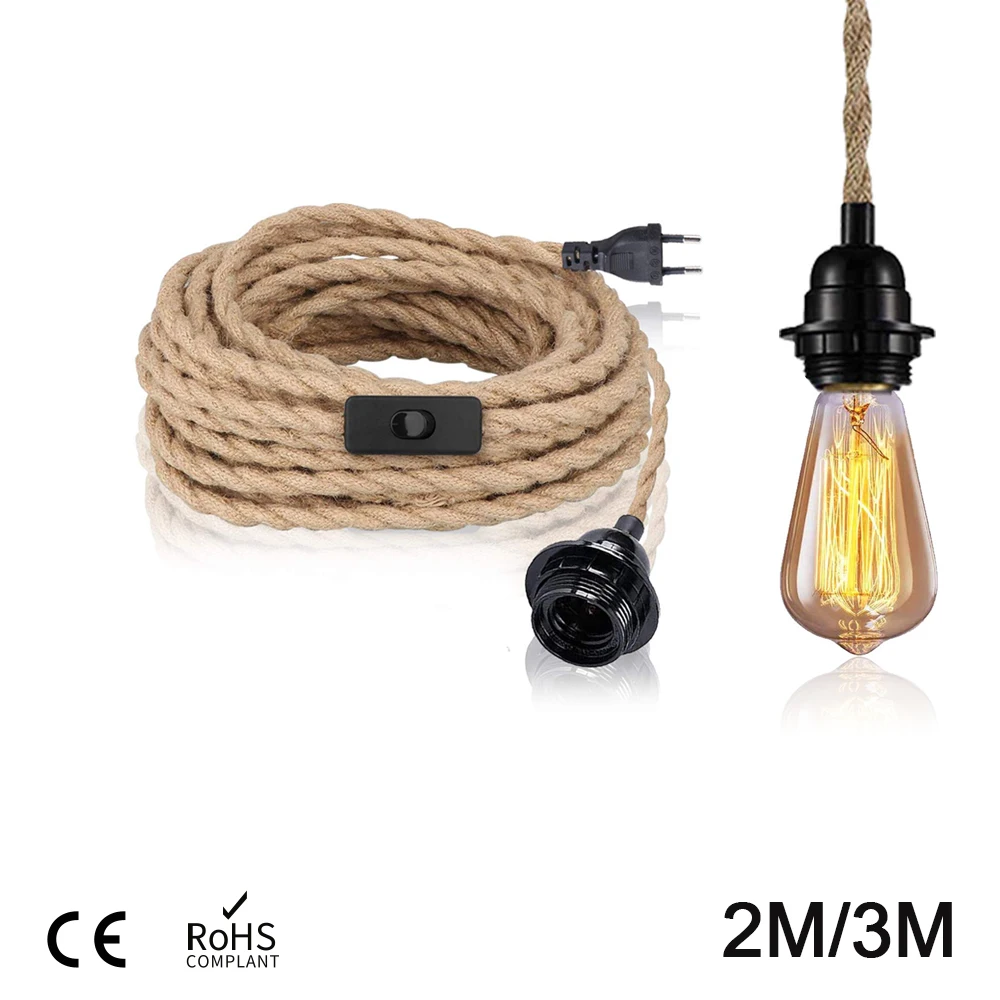 Vintage Style Hemp Rope Pendant Light Cord Kits 2M 3M 4.5M EU Plug Switch E27 Vintage Lamp Holder for Simple Hanging Lamp Decor