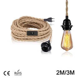 Kits de cable de luz colgante de cuerda de cáñamo de estilo Vintage, 2M, 3M, 4,5 M, interruptor de enchufe europeo, soporte de lámpara Vintage E27, decoración de lámpara colgante Simple