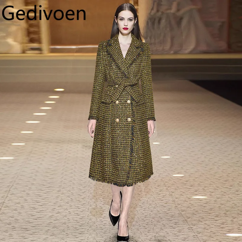 Gedivoen Women's Elegant Streetwear Plaid Coat Autumn and Winter Long Sleeve High waist Lace-Up Double-breasted Overcoat