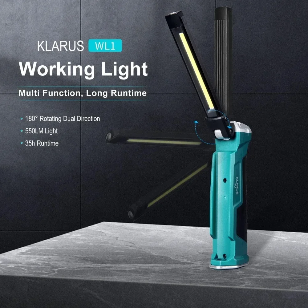 KLARUS WL1 LED 550 lumen Micro USB Rechargeable Work Light 180 Degress Rotate Foldable 7 Light Mode COB Flashlight with battery