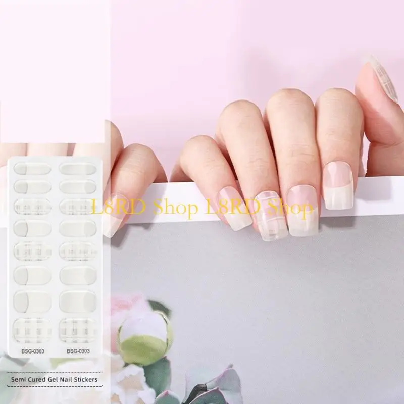 L8rd 16 pc's langdurige semi -gezouten nagelstickers, Franse stijl semi -uitgeharde gel nagels strips nagellakstrips voor
