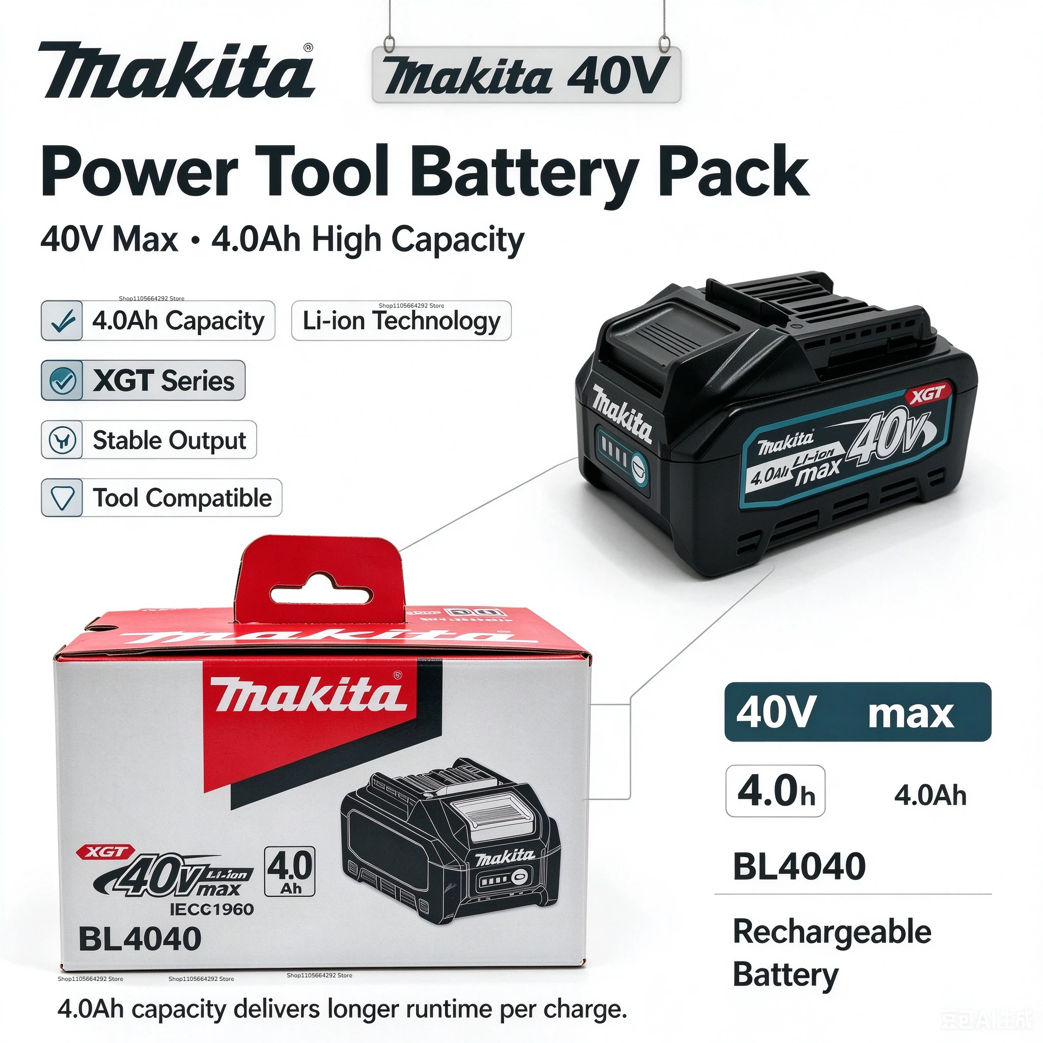 Makita 40V 4.0Ah BL4040 Lithium Ion Battery Practical Backup Battery for Daily Tool Use Fit for Makita 40V Cordless Power Tools