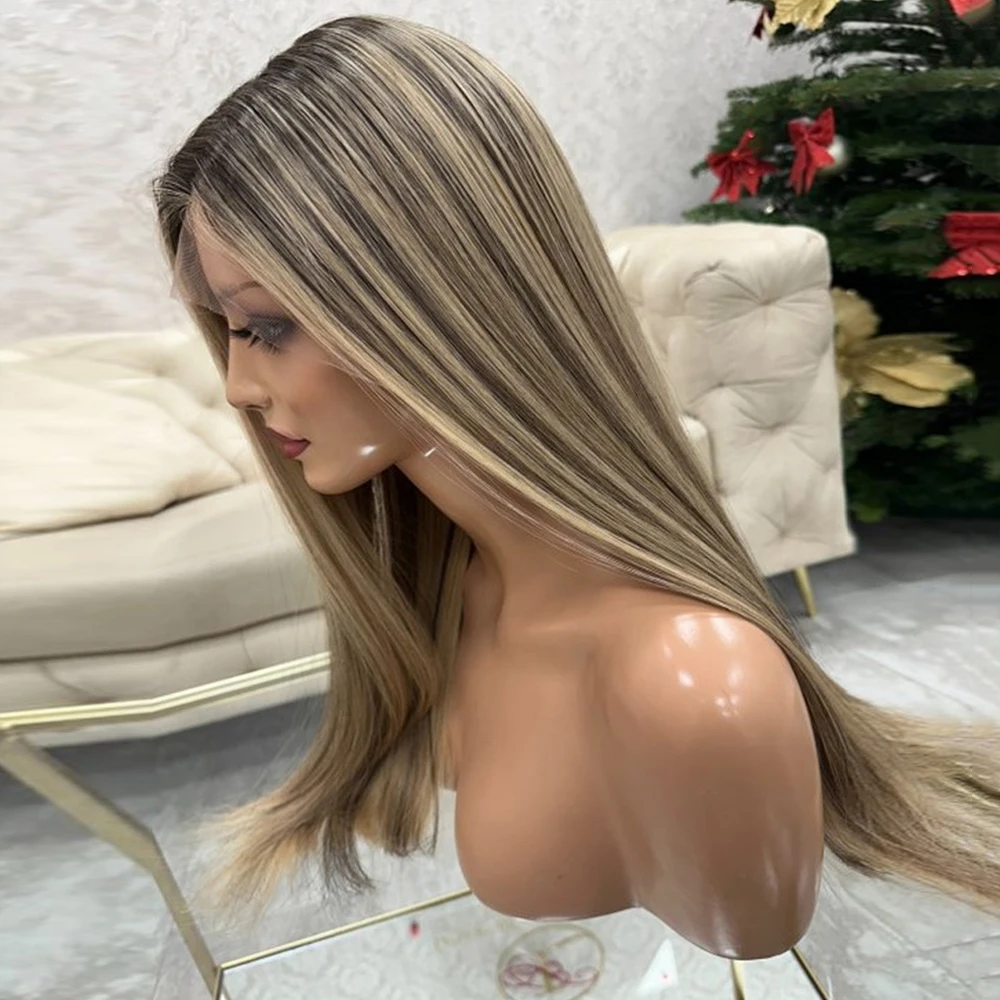 تسليط الضوء على شقراء الدانتيل شعر مستعار أمامي طويل مستقيم الاصطناعية الدانتيل الباروكات المخلوطة الشعر البشري ألياف مقاومة للحرارة الرماد شقراء الدانتيل الباروكات