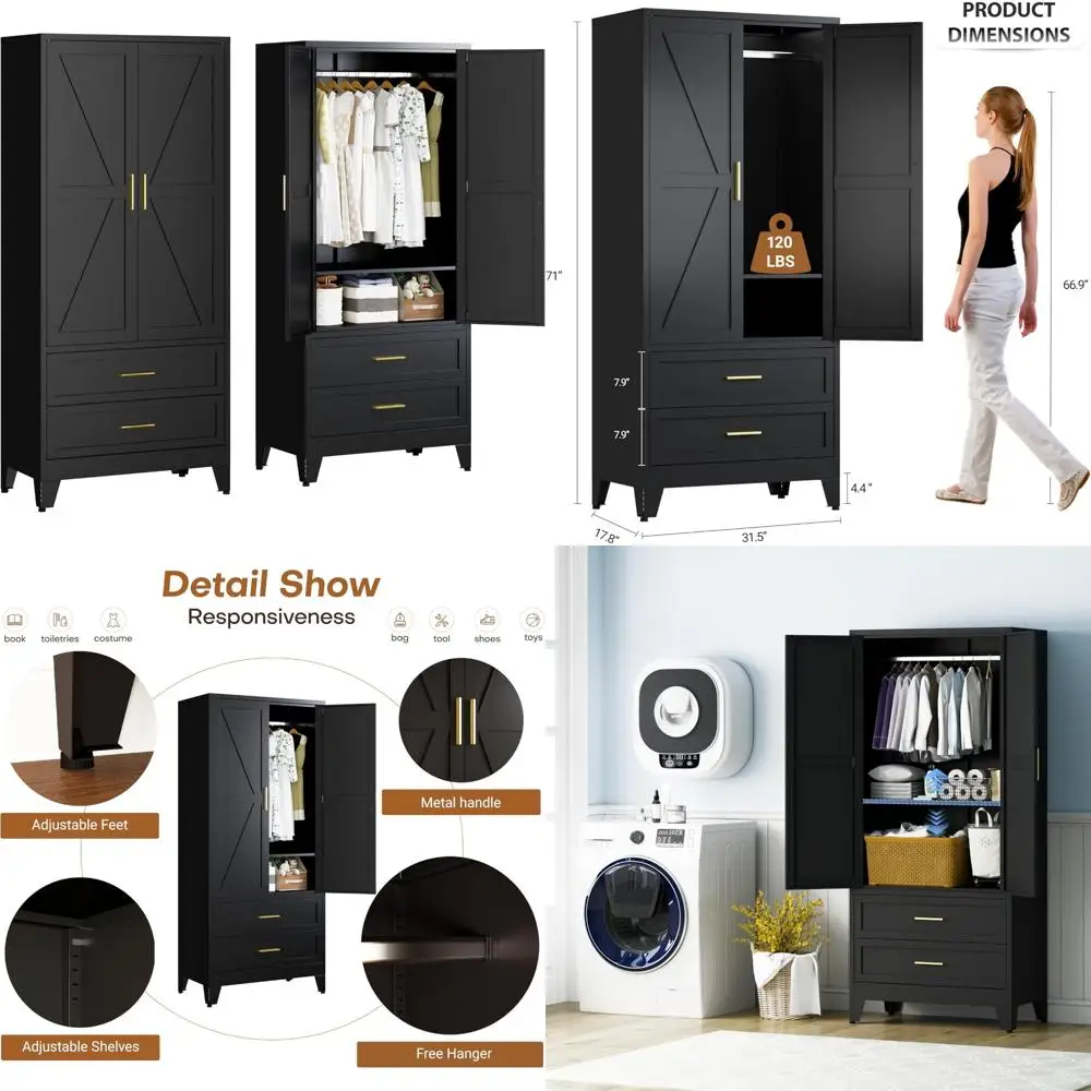 خزانة ملابس معدنية كبيرة بطول 71 مع أدراج وقضيب تعليق وأرفف لحلول تخزين غرفة النوم