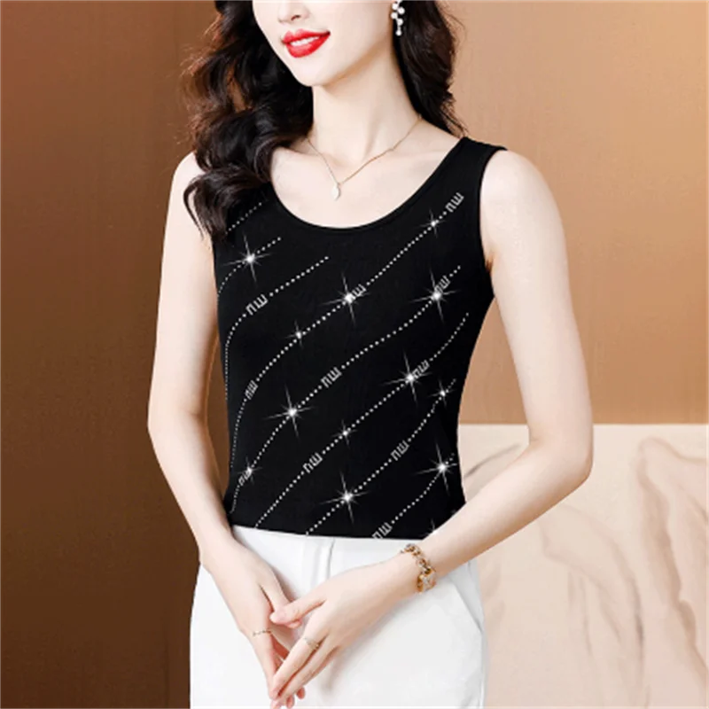 New Summer Camisole Vest For Women's Hot Drill Tank Top Sparkling Beading Sleeveless Top O-Neck All-Matched Elastic Base Top