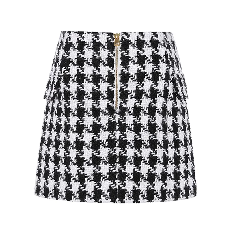 New Fashion Trend of Women\'s Lion Buttons Double Breasted Tweed Wool Houndstooth Mini Skirt Elegant Plaid A Line Short Skirts