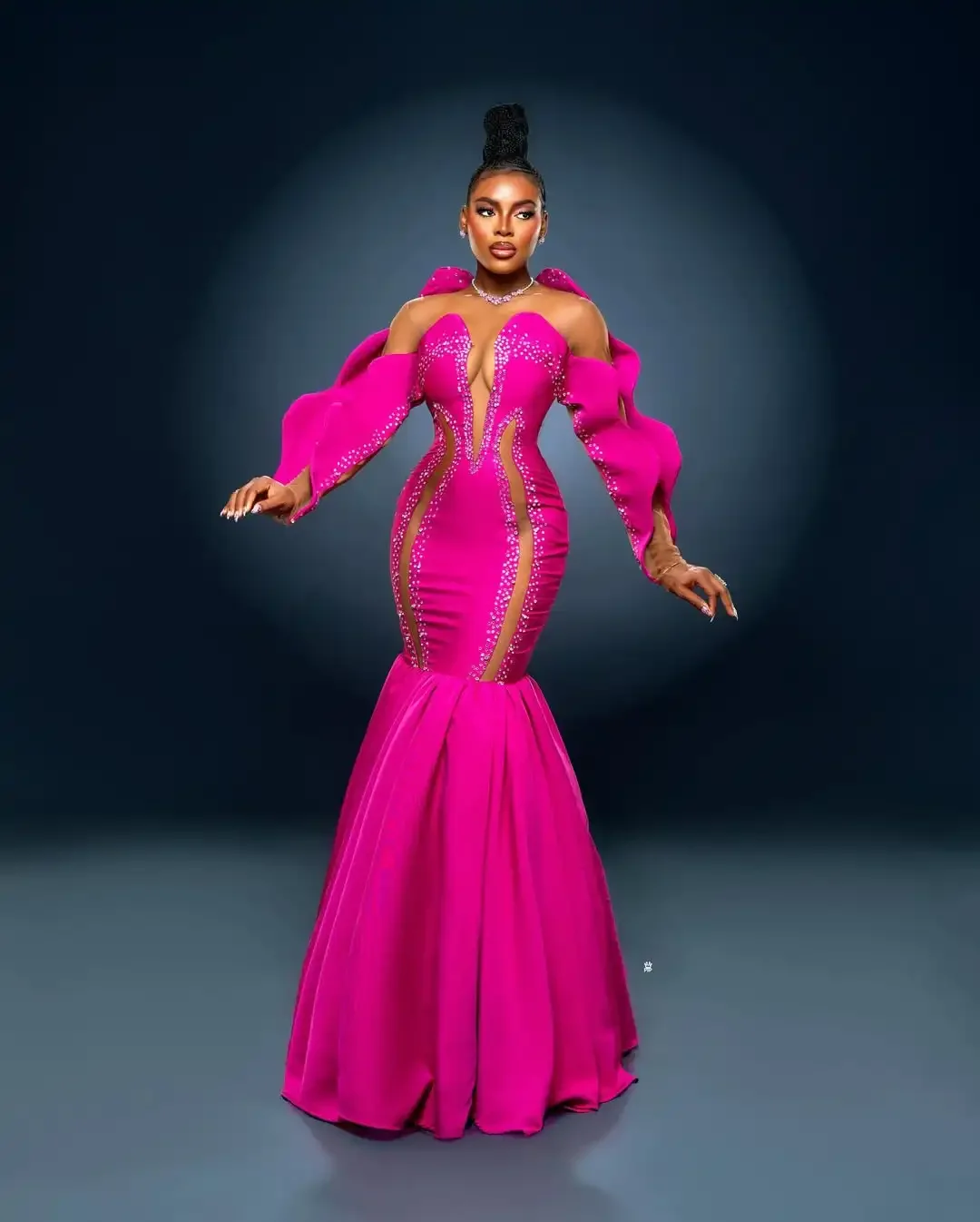 매력적인 자홍색 새틴 우아한 아프리카 여성 이브닝 가운 시스루 메쉬 넥 롱 트럼펫 프롬 드레스 아소 에비 시크 롱 S 맞춤 제작